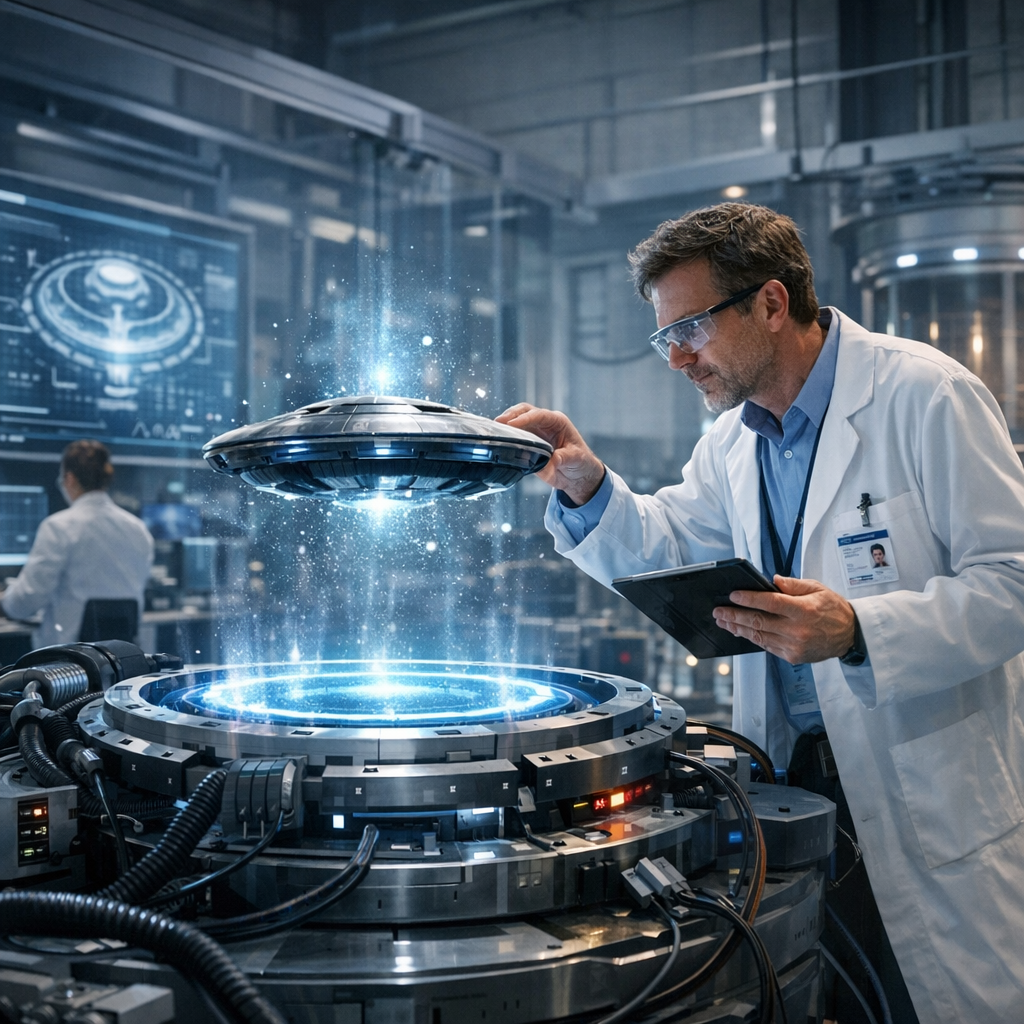 Scientist developing antigravity technology in a lab