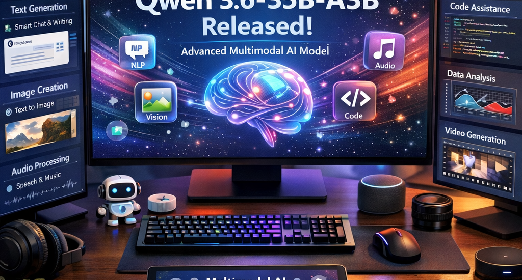 Modern computer setup with AI applications focused on Qwen 3.6-35B-A3B release.