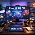Modern computer setup with AI applications focused on Qwen 3.6-35B-A3B release.