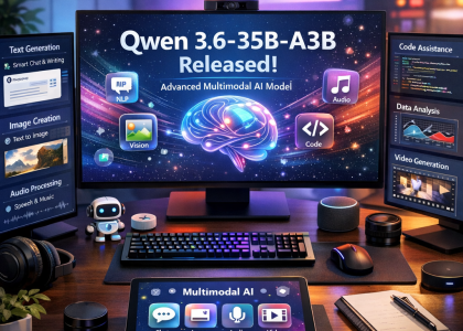 Modern computer setup with AI applications focused on Qwen 3.6-35B-A3B release.