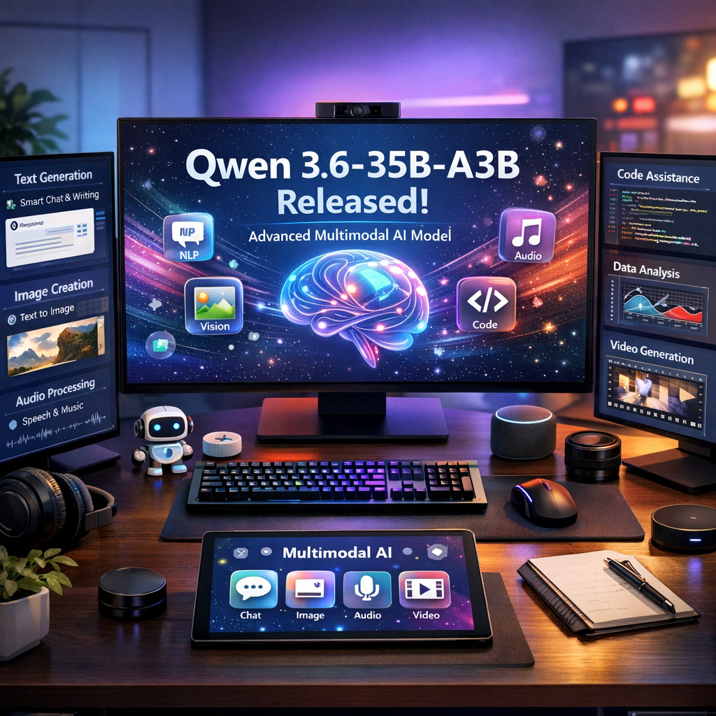 Modern computer setup with AI applications focused on Qwen 3.6-35B-A3B release.