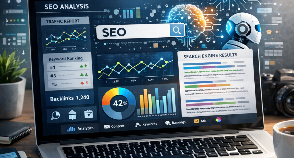 AI SEO tutorial with data analysis on laptop screen