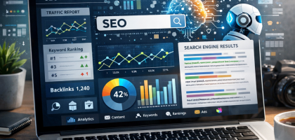 AI SEO tutorial with data analysis on laptop screen