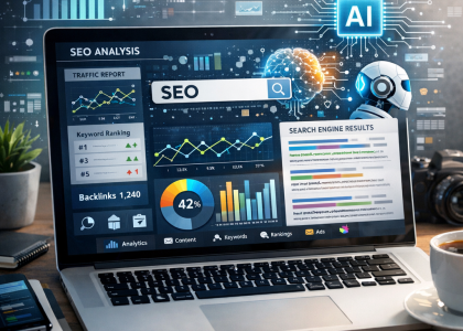 AI SEO tutorial with data analysis on laptop screen