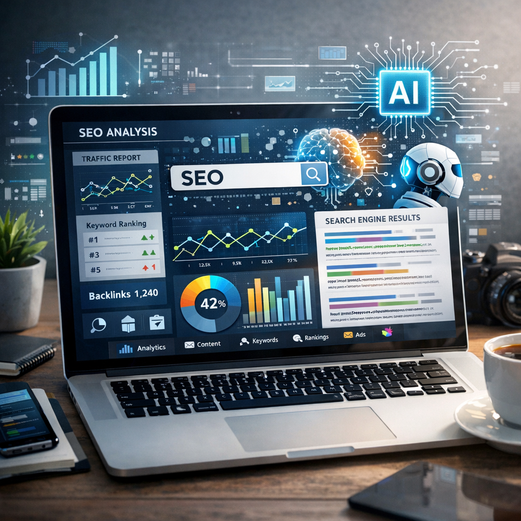 AI SEO tutorial with data analysis on laptop screen