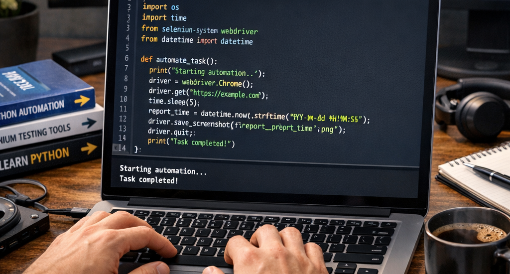 Python automation tutorial with a coding laptop and script