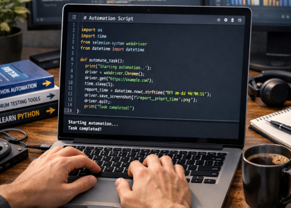 Python automation tutorial with a coding laptop and script
