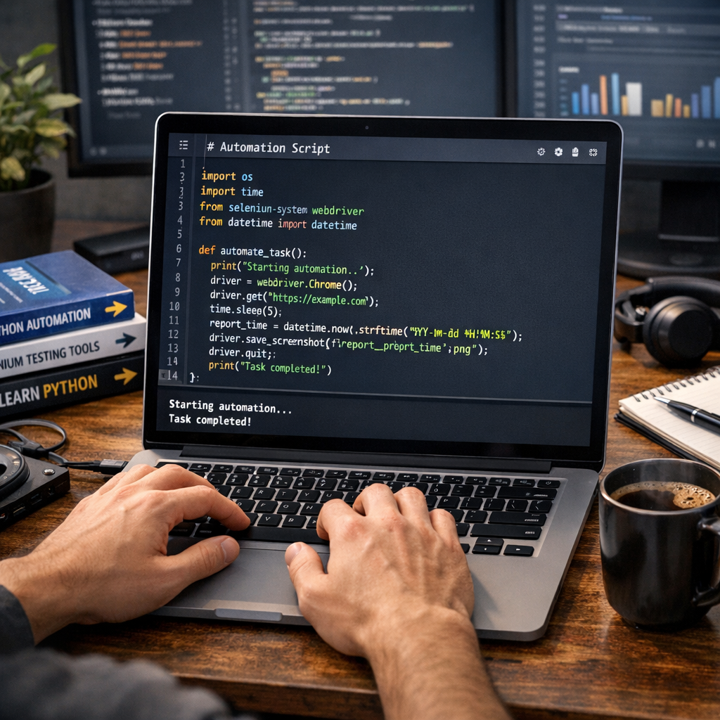 Python automation tutorial with a coding laptop and script