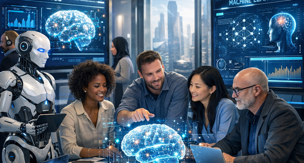 An office workspace featuring Qwen Ai technology and collaboration.