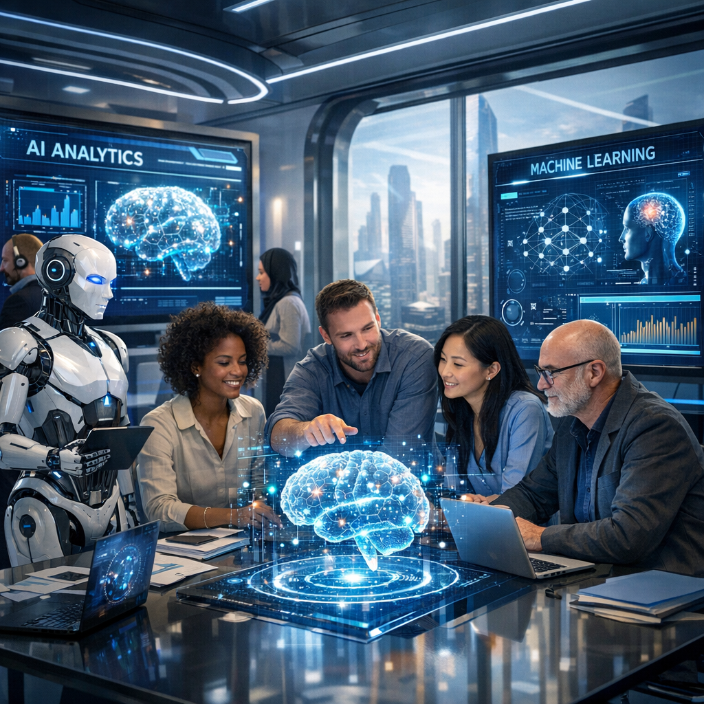 An office workspace featuring Qwen Ai technology and collaboration.