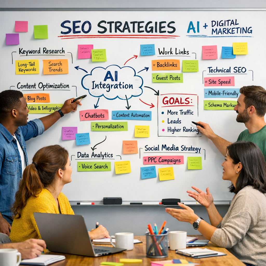 Team brainstorming for AI SEO strategies