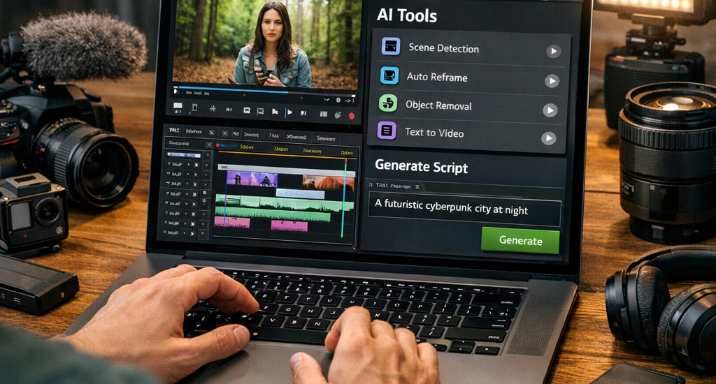 person editing video with AI tools