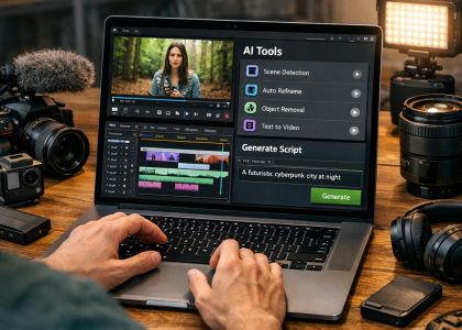person editing video with AI tools