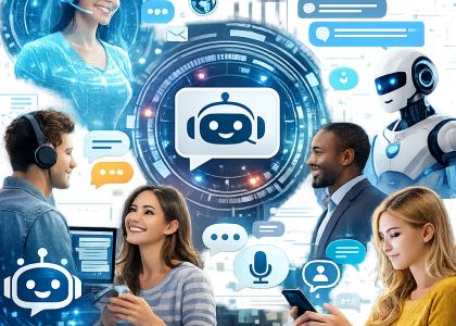 AI agents interacting with humans in technology context.