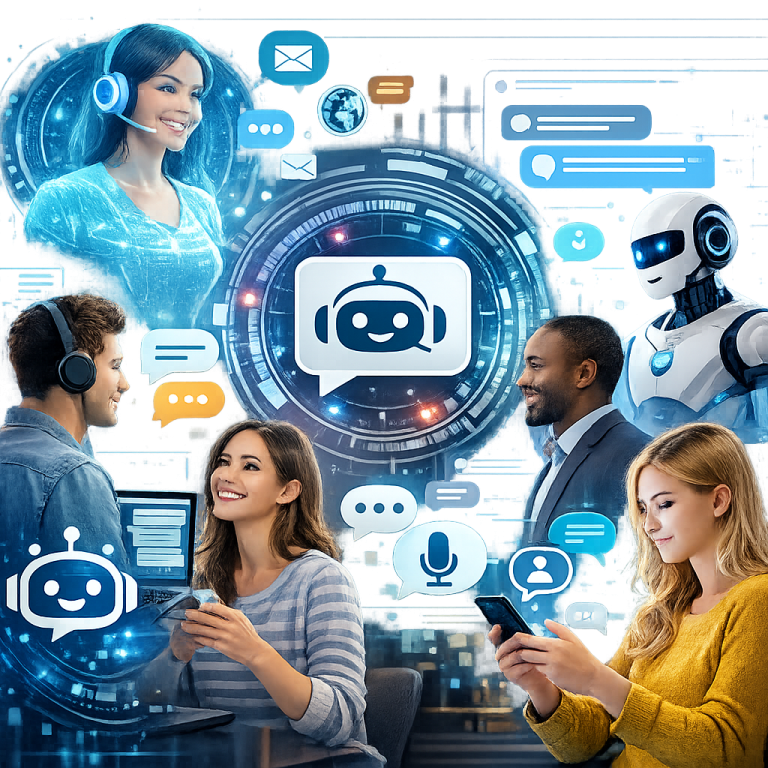 AI agents interacting with humans in technology context.
