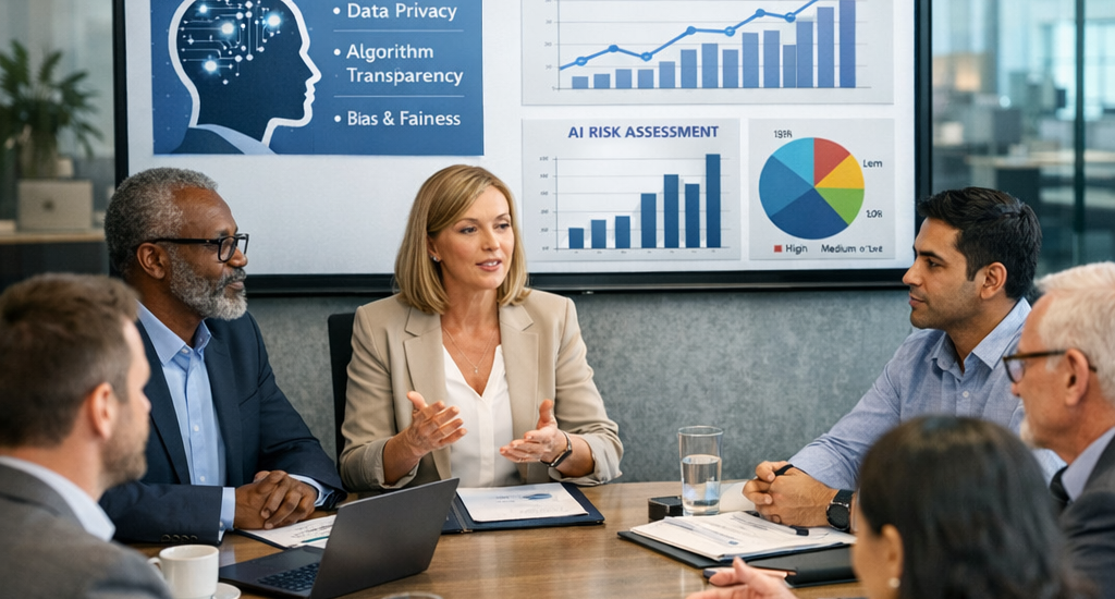 Professionals discussing AI governance