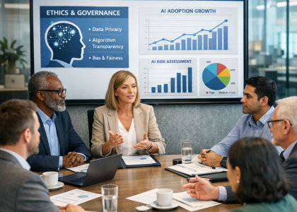 Professionals discussing AI governance