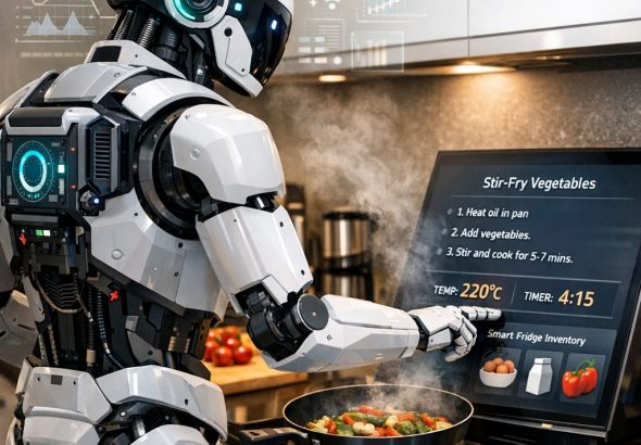 Humanoid robot demonstrating Physical AI in a kitchen setting