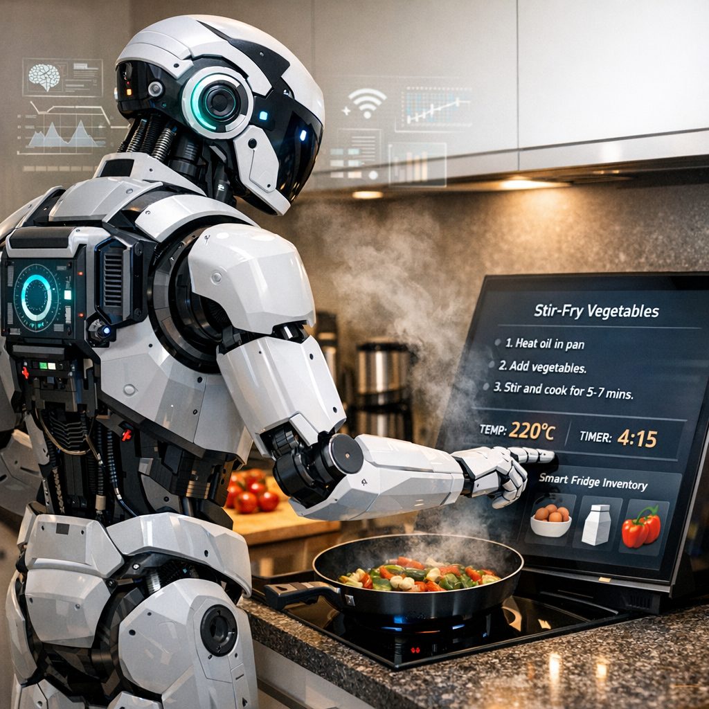 Humanoid robot demonstrating Physical AI in a kitchen setting