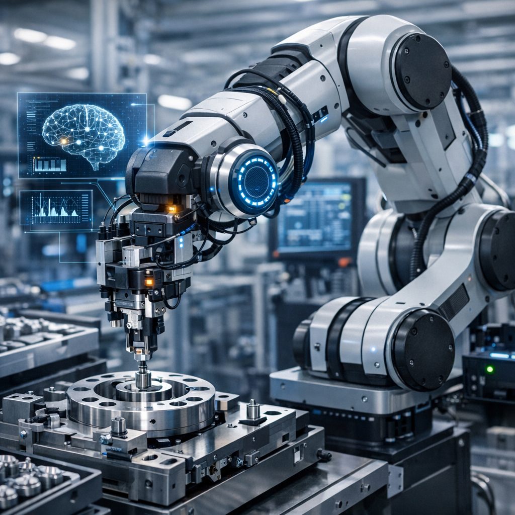 Robotic arm applying Physical AI in an automated factory