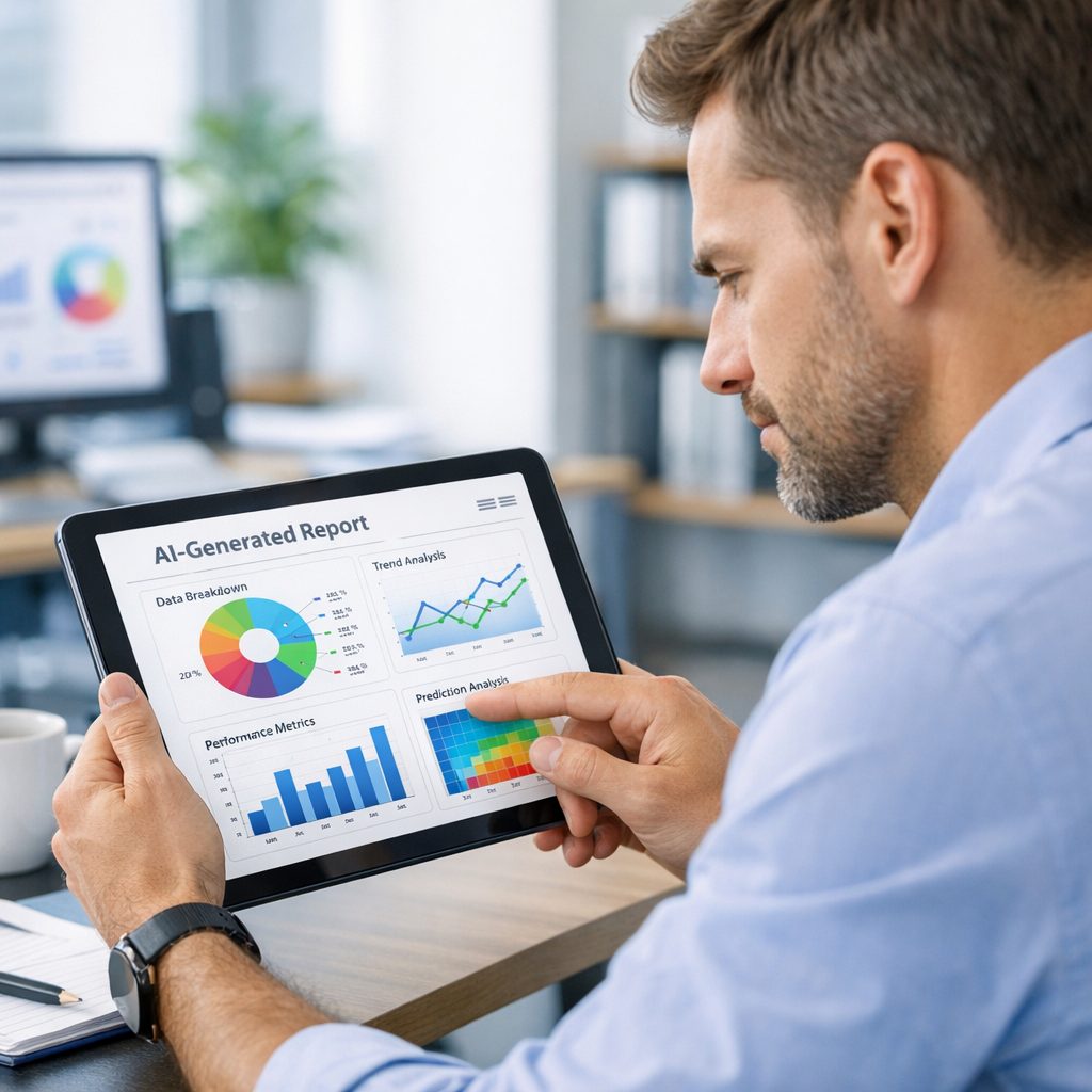 person analyzing updates in AI platforms on a tablet