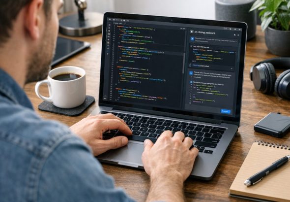 AI coding assistants in action with colorful code on screen