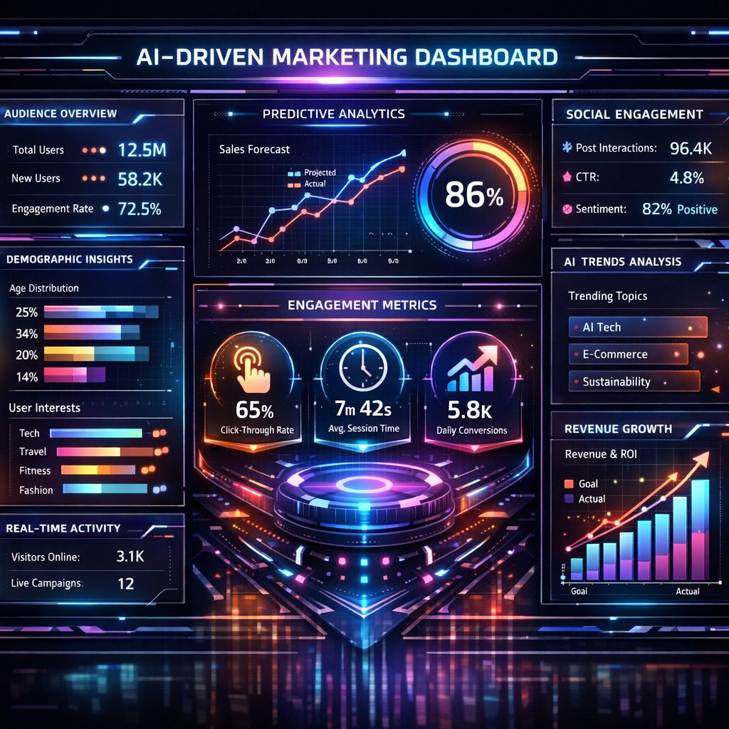 AI in marketing dashboard showing personalization and forecasting metrics