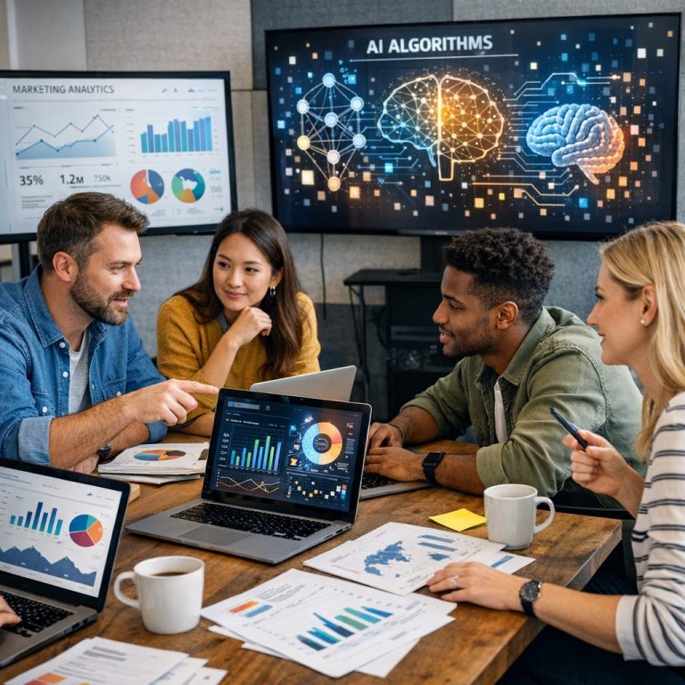AI in marketing team analyzing data for personalization and forecasting