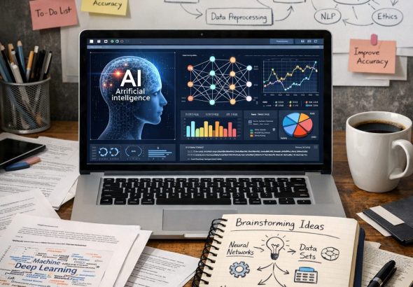 AI research tools on a laptop with data charts
