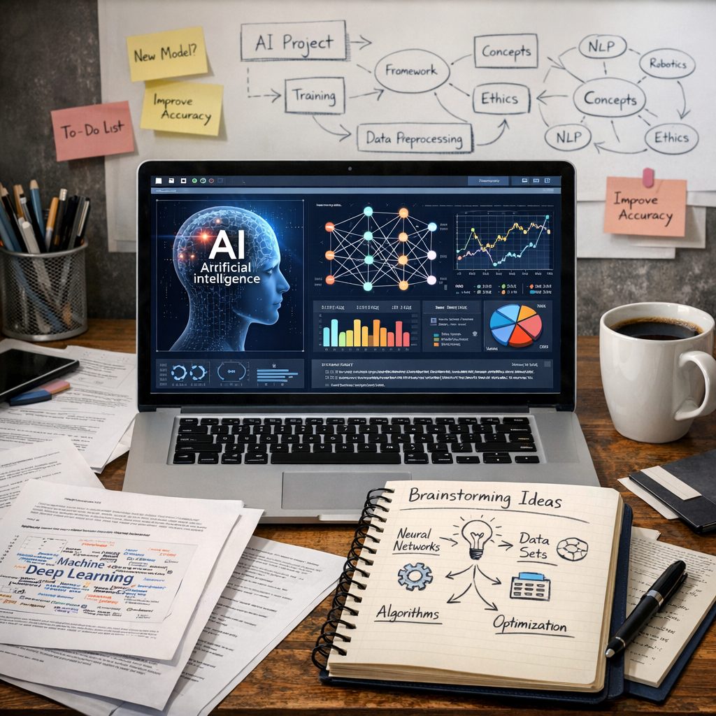 AI research tools on a laptop with data charts