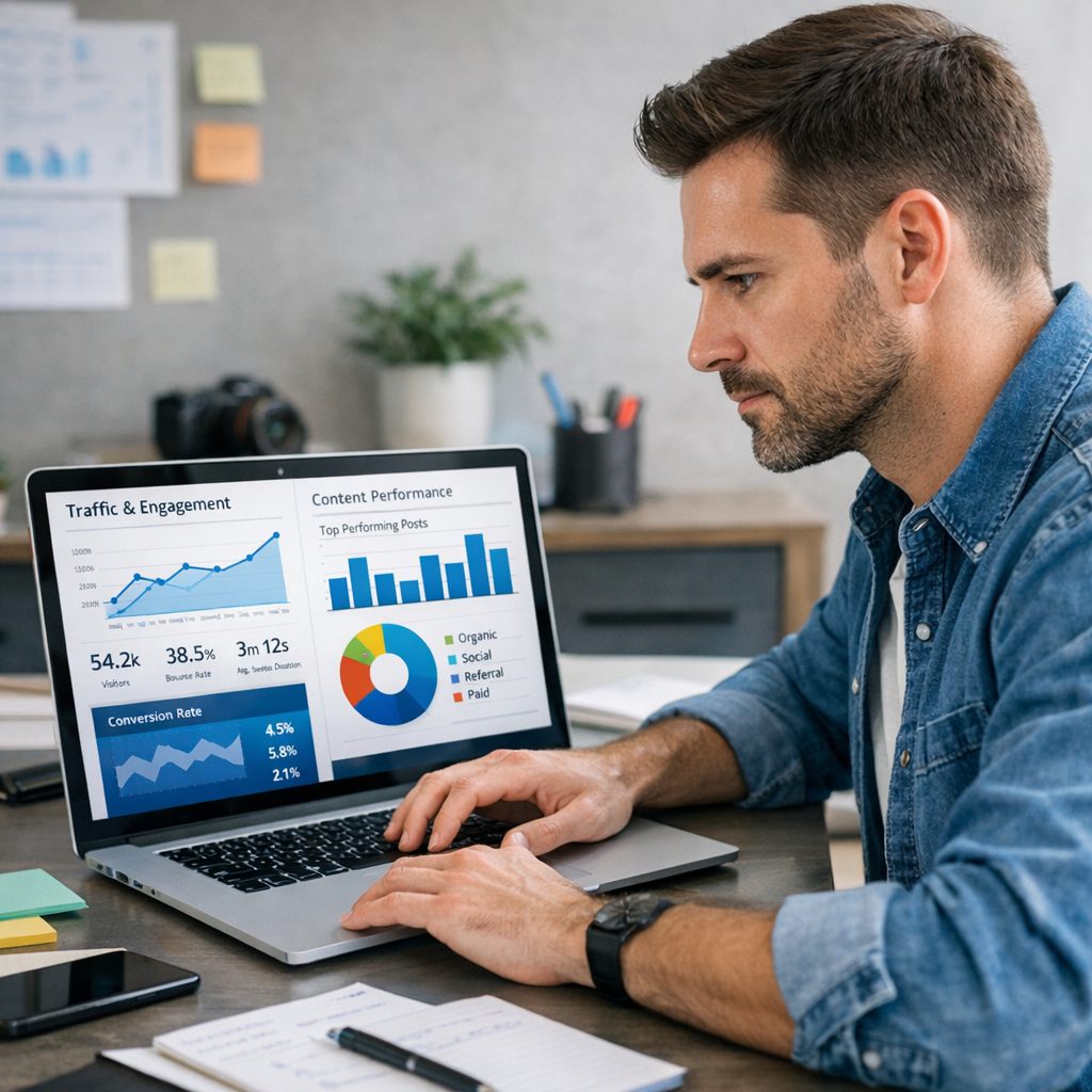 Person analyzing Comparative AI Content Performance on a laptop