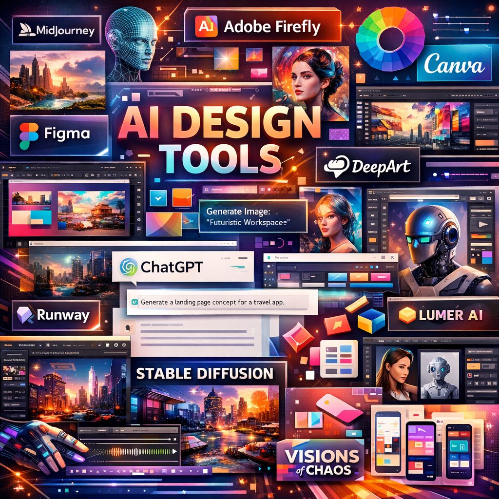 collage of AI tools for designers showcasing user interfaces