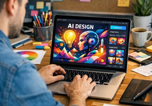 designer using AI tools for designers in a modern workspace
