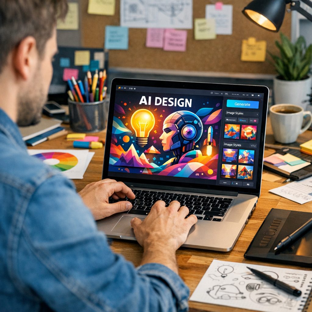 designer using AI tools for designers in a modern workspace