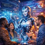 AI agent development with digital interface and diverse people