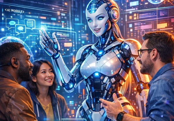 AI agent development with digital interface and diverse people