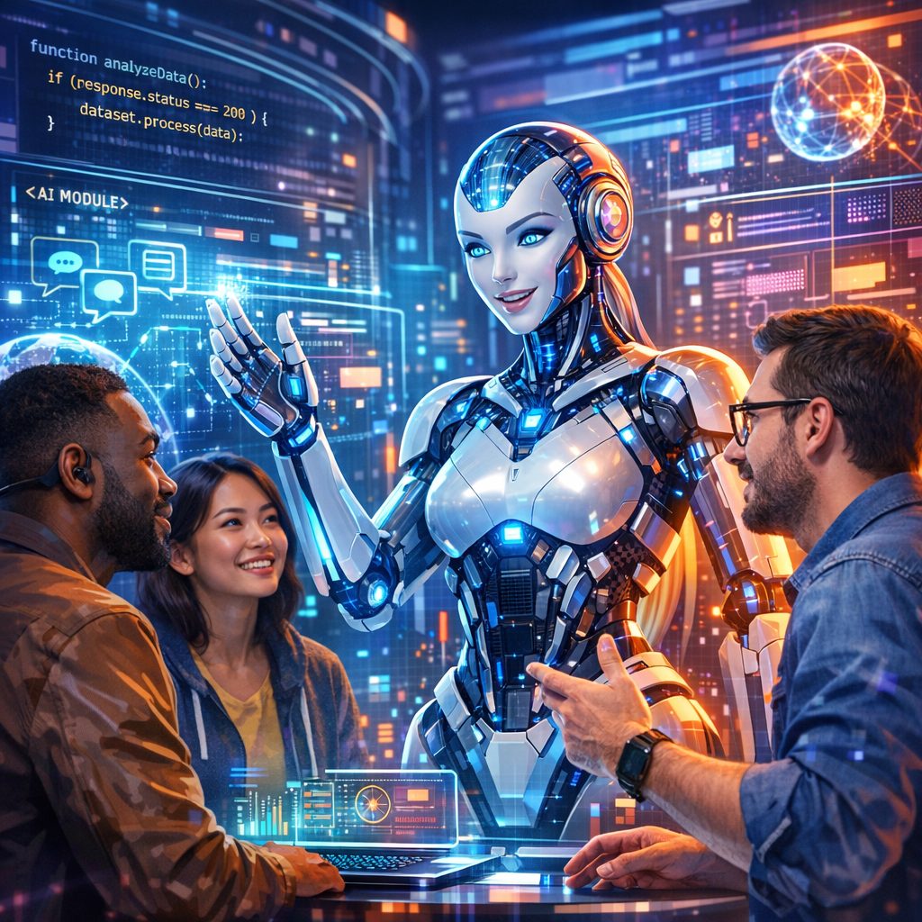 AI agent development with digital interface and diverse people