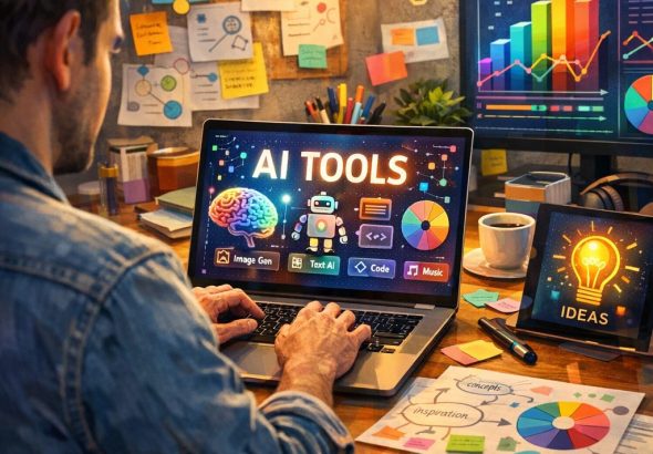 person using practical AI guides in a creative workspace
