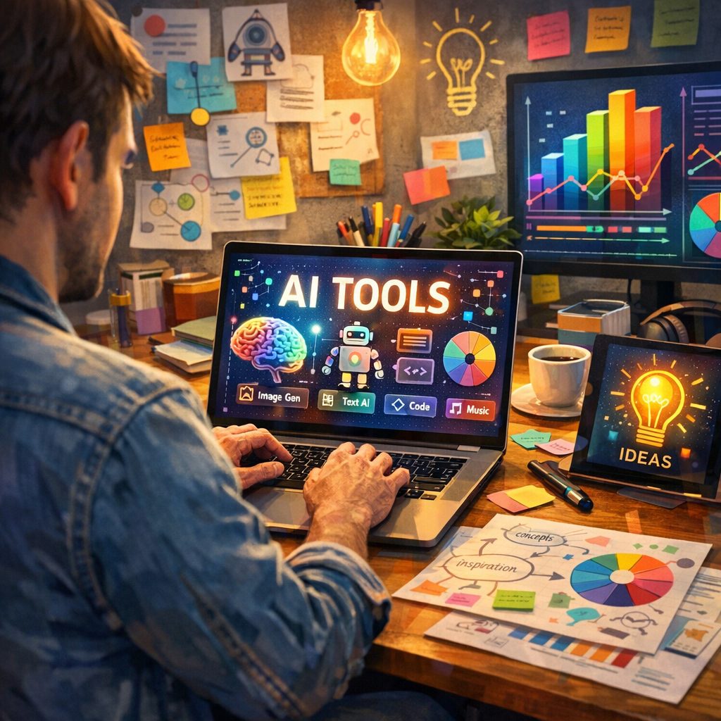 person using practical AI guides in a creative workspace