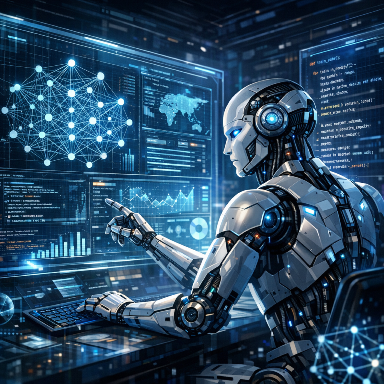 AI development trends with robots and data analysis