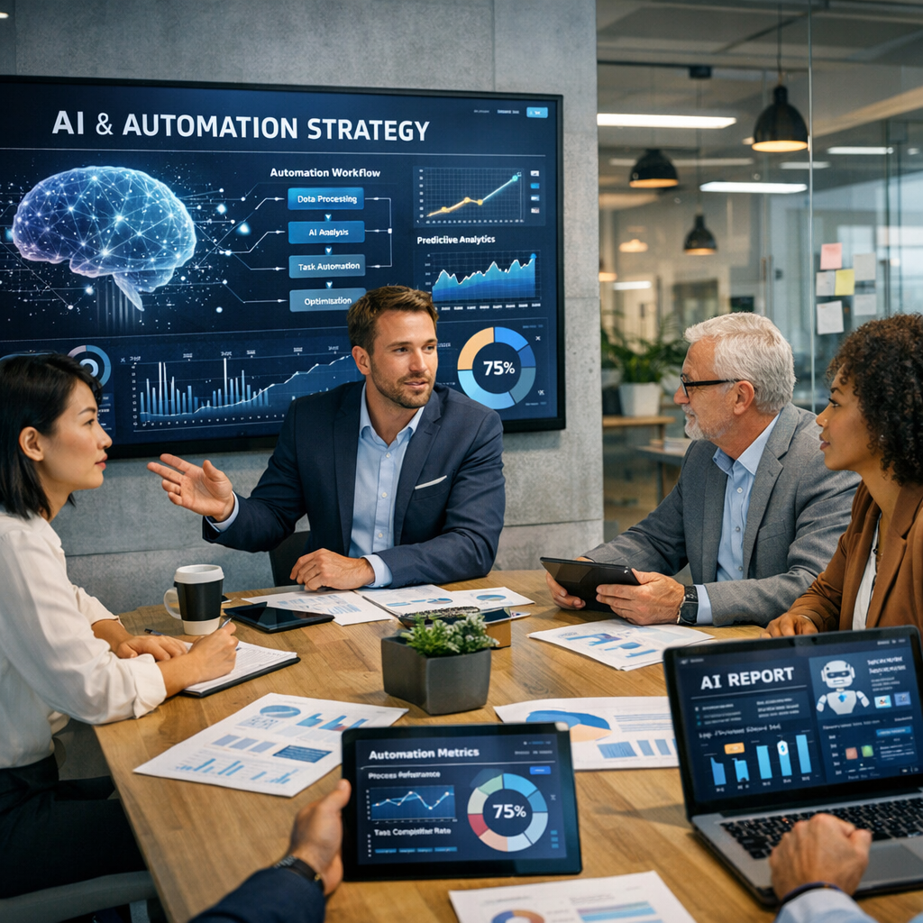 business meeting discussing AI tools for automation