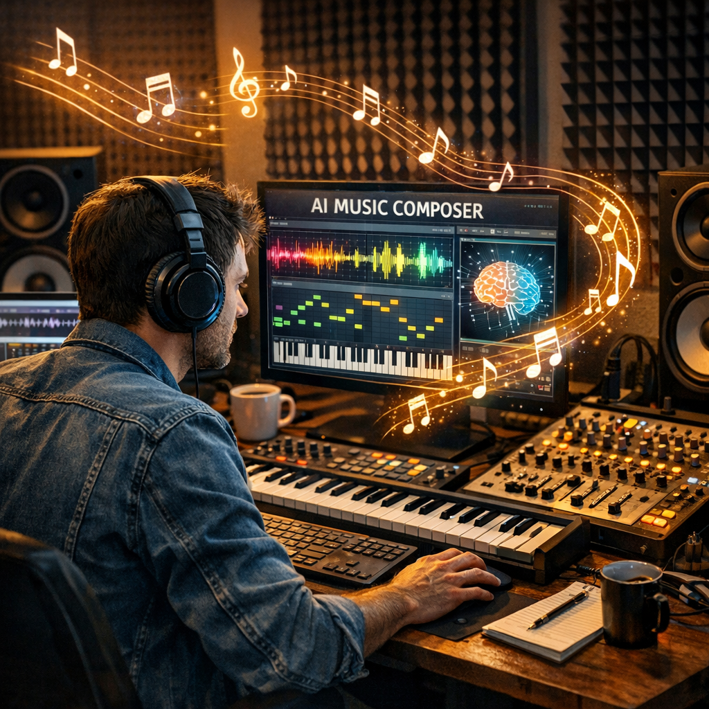 AI in creative industries - musician composing with AI software