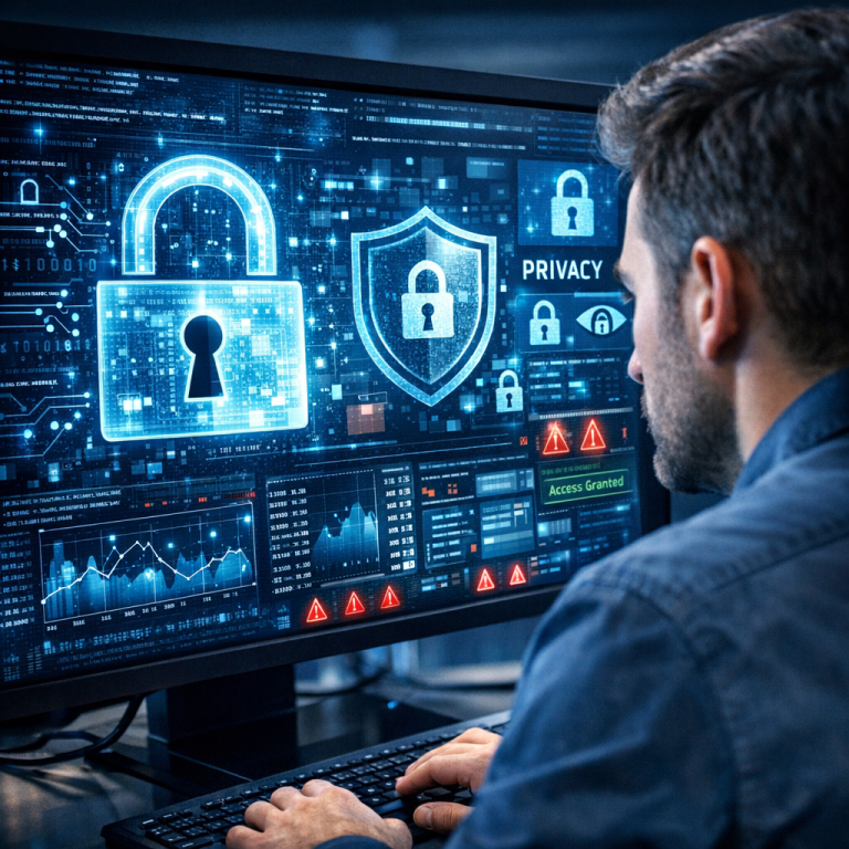 AI privacy concerns with data protection symbols