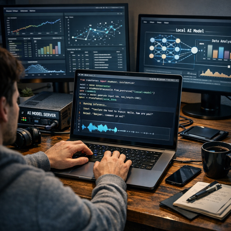 person using local AI models on a laptop